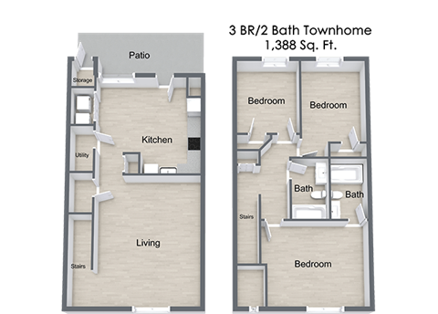 Floor plan for 3 beds, 2 baths, 1365 sqft